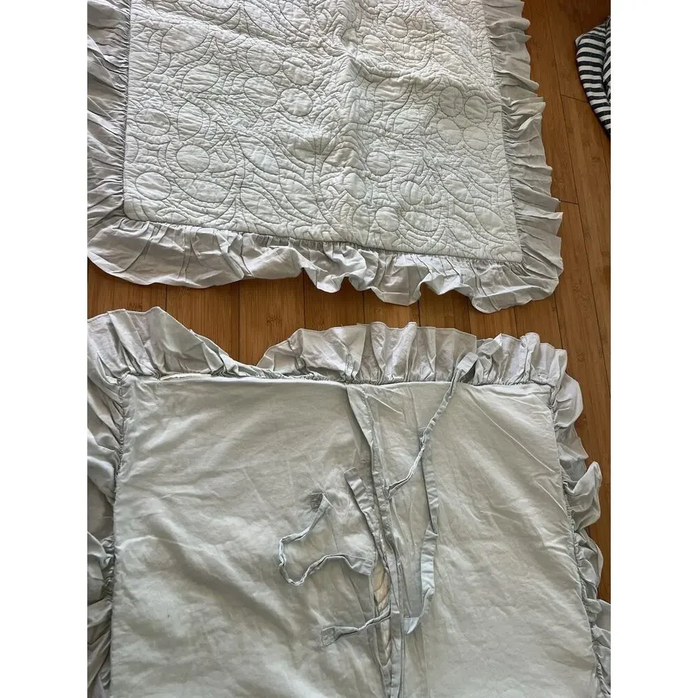 Pottery Barn Quilted Ruffled Pillow Shams 26 x 26” Seafoam Green Cotton A Pair